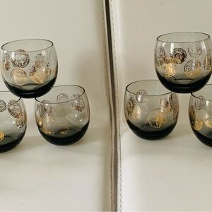 Mid Century Gold Federal Smoked Roman Coin Glasses Tumbler Roly Poly Set of 8